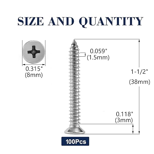 #8 x 1-1/2" Wood Screw 100Pcs 18-8 (304) Stainless Steel Screws Flat Head Phillips Fast Self Tapping Drywall Screws by SG TZH