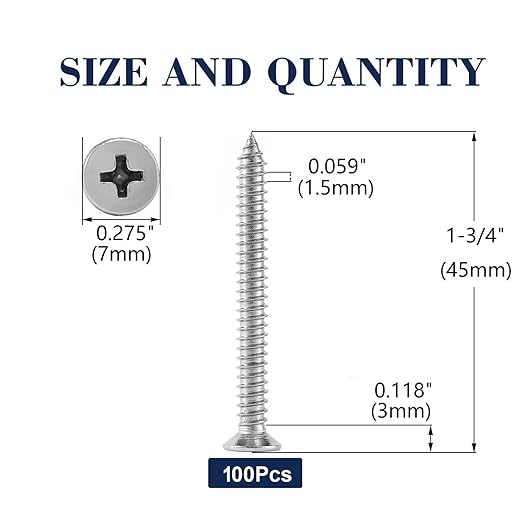 #7 x 1-3/4" Wood Screw 100Pcs 18-8 (304) Stainless Steel Screws Flat Head Phillips Fast Self Tapping Drywall Screws by SG TZH