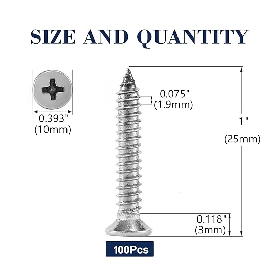 #12 x 1" Wood Screw 100Pcs 18-8 (304) Stainless Steel Screws Flat Head Phillips Fast Self Tapping Drywall Screws by SG TZH