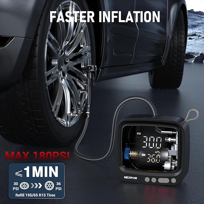 NEXPOW Tire Inflator Portable Air Compressor, 180 PSI Cordless Air Pump for Car Tires with Digital Pressure Gauge & Auto Shut-Off, Air Compressor Portable for Car, Motorcycle, Bicycle, Ball, Gray