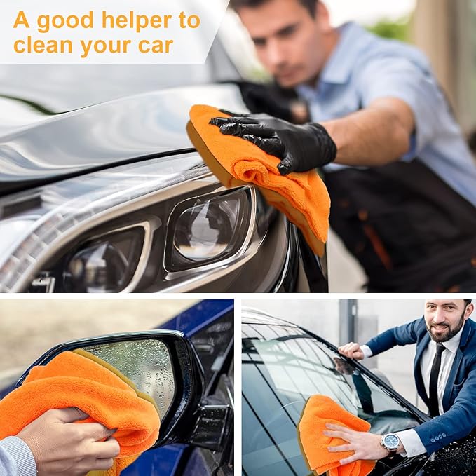 Shimeyao 30 Pcs Edgeless Microfiber Plush Towels for Cars Detailing Drying Wash Polishing Absorbent Cleaning Cloths, 500 GSM, 16 x 16 Inch(Orange)