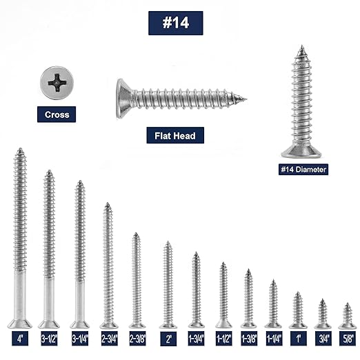 #14 x 1-1/2" Wood Screw 100Pcs 18-8 (304) Stainless Steel Screws Flat Head Phillips Fast Self Tapping Drywall Screws by SG TZH