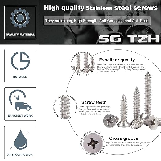 #14 x 5/8" Wood Screw 100Pcs 18-8 (304) Stainless Steel Screws Flat Head Phillips Fast Self Tapping Drywall Screws by SG TZH
