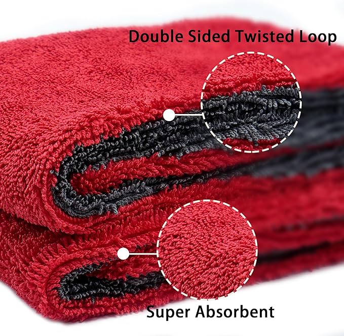 LIVOS 2 Pack Car Drying Towel, Premium Microfiber Towels for Cars, 1000GSM, Edgeless Twisted Loop Design, No Streaks, Scratches, or Water Spot, Absorbent Wash Towel, 18" x 24" (Red&Grey)