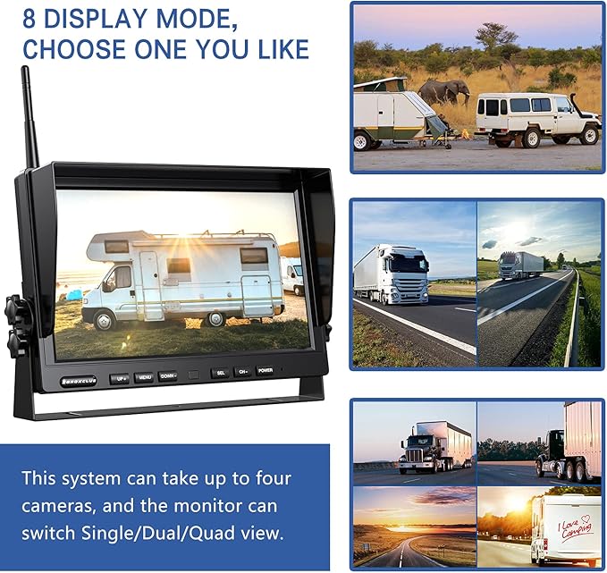 10'' 1080P Wireless Backup Camera System, 10 Inch DVR Quad Split Monitor Wireless Rear Side View Cameras, IP69 Waterproof Digital Signal Record System for RV/Truck/Trailer/Camper-BW104SL
