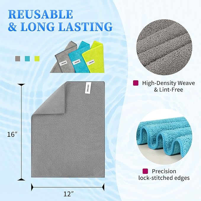 FIXSMITH Microfiber Cleaning Cloth - Pack of 48, Multi-Functional Cleaning Towels, Size: 12 x 16 in, Highly Absorbent Cleaning Rags, Lint-Free, Streak-Free Cleaning Cloths for Car Kitchen Home Office